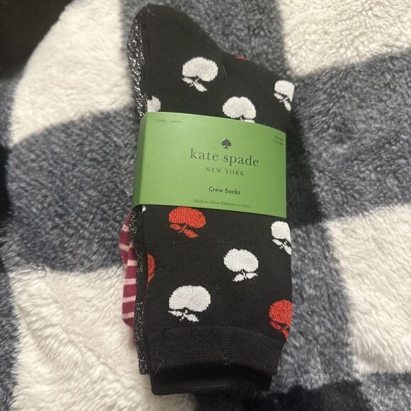 Kate Spade Womens 3-pack Crew Socks 3pk Apples‎ Stripes Black Red Size 4-10 M - Picture 1 of 5